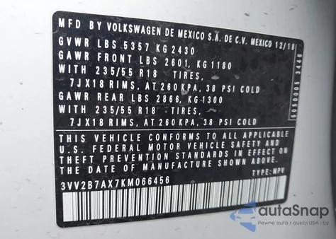 2019 Volkswagen Tiguan 2.0T Se/2.0T Sel/2.0T Sel R-Line/2.0T Sel R-Line Black z USA, uszkodzony, nr VIN 3VV2B7AX7KM066456